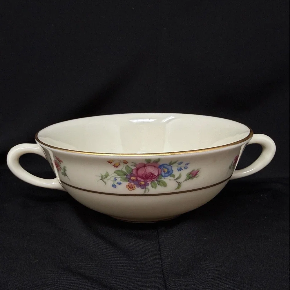 Lenox Rose Floral Cream Soup Handle Bowls Set 3 Pcs Floral Gold Trim 5 Inch Diam